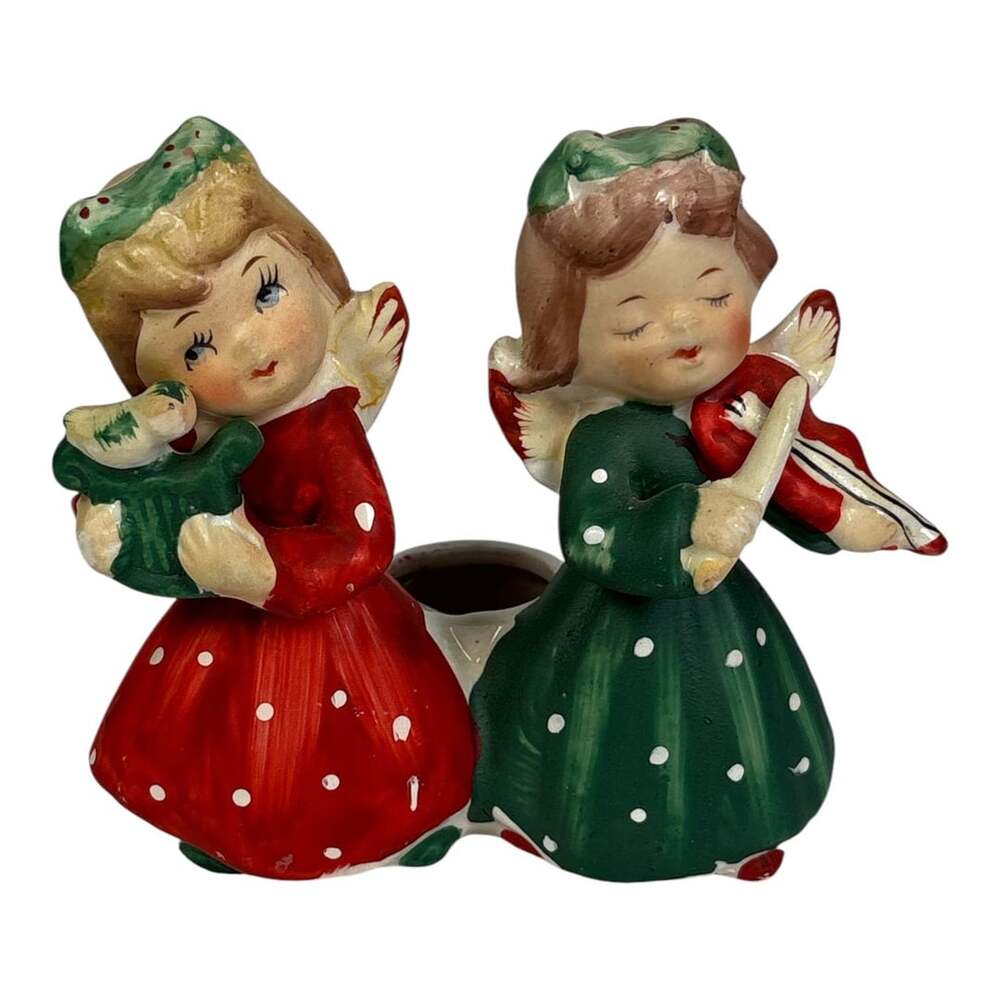 Vintage Commodore Christmas Angels Girls Candle Holder Violin Japan Harp Ceramic